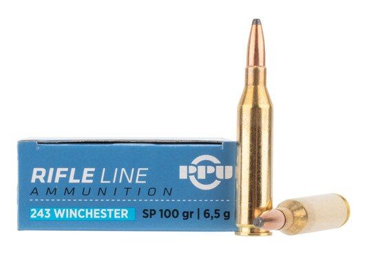 PPU Standard Rifle 243 Win 100gr Soft Point Ammo with brass casing